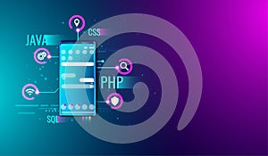 Mobile application UI UX design and development concept on smartphone screen and programming language Vector