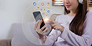 Mobile Application. woman touching mobile smart phone with graphic social network notification icon diagram, social