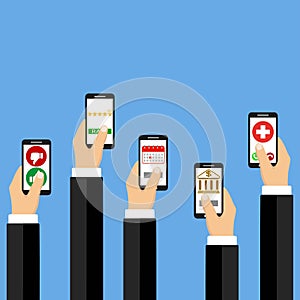 Mobile applications concept. Hand with phones flat illustration.