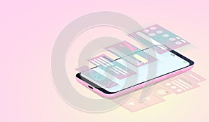 Mobile Applications development, UI design and web design on isometric smartphone. vector
