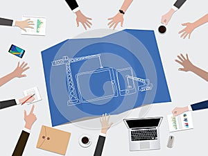 Mobile apps application development construction concept illustration with hand team work together on top of the table