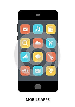 Mobile Apps concept on black smartphone with different user interface elements