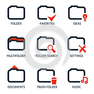 Mobile Apps Folder Icons Set Favorites Settings Music Ideas Search Documents Trash Isolated Template Vector Illustration