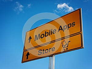 Mobile apps road sign with cart and smartphone.