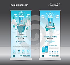 MOBILE apps Roll up banner template on Winter Landscape Background, Christmas sale, stand layout, blue banner