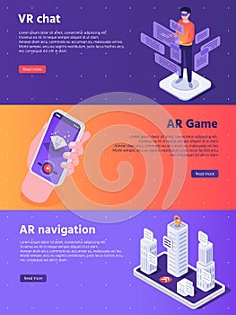 Mobile augmented reality. Isometric virtual AR device entertainment banners vector concept illustration