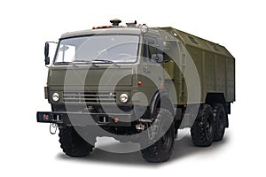 Mobile automotive kitchen PAK-200M-04 on the chassis of a KAMAZ truck is in service with the Russian Army. Isolated on