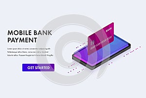 Mobile Bank payment vector template isometric concept with smartphone and bank credit card. Website template, landing page