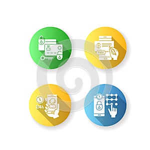 Mobile bank service app using flat design long shadow glyph icons set