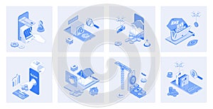 Mobile banking 3d isometric concept set with isometric icons design for web. Collection of cash withdrawal at atm, fingerprint