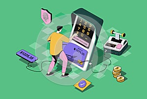 Mobile banking concept in 3d isometric design. Vector illustration