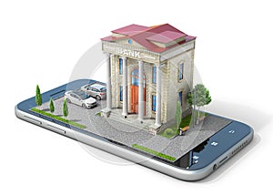 Mobile banking concept. Bank building on the phone screen