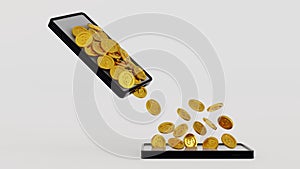 Mobile banking concept, coin moving from smartphone to other cellphone, online money transfer, 3D rendering