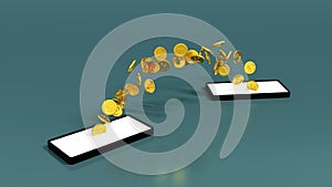 Mobile banking concept, coin moving from smartphone to other cellphone, online money transfer, 3D rendering