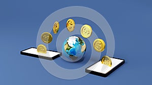 Mobile banking concept, coin moving from smartphone to other cellphone, online money transfer, 3D rendering. Element by NASA