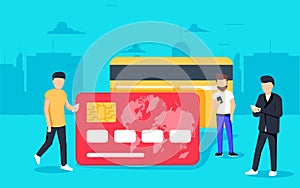 Mobile banking concept illustration of people standing near credit cards