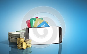 Mobile banking concept mobile phone with dollar stacks coins and