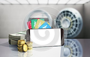 Mobile banking concept mobile phone with dollar stacks coins and