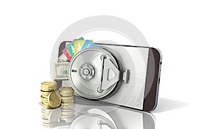 mobile banking concept mobile phone with money dollar stacks coi