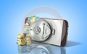 mobile banking concept mobile phone with money dollar stacks coins and credit cards 3d render on blue glass background