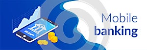 Mobile banking concept. Online bank template. Bank icon on smartphone screen. Coins stack on the background of a mobile