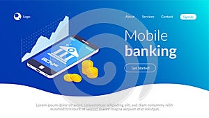 Mobile banking concept. Online bank template. Bank icon on smartphone screen. Coins stack on the background of a mobile