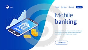 Mobile banking concept. Online bank template. Bank icon on smartphone screen. Coins stack on the background of a mobile