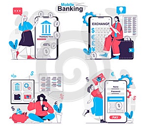 Mobile banking concept set. Online services for exchange, transaction, accounting. People isolated scenes in flat design. Vector