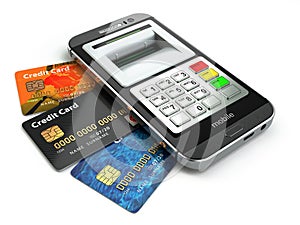 Mobile banking concept. Smartphone as ATM and credit cards.