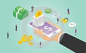 Mobile banking concept with smartphone and hand hold apps with some cash money stack and people with modern isometric style