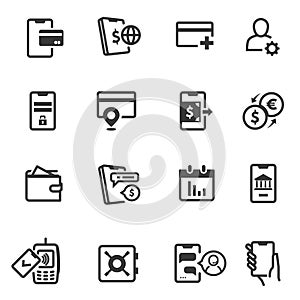 Mobile banking, credit card, payment line and bold icons set isolated on white. photo