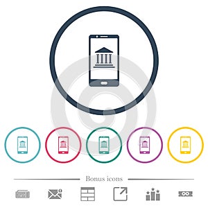 Mobile banking flat color icons in round outlines