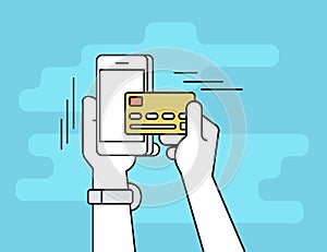 Mobile banking flat line contour illustration of human hand paying by credit