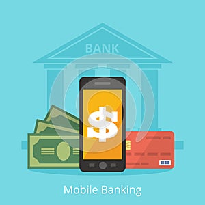 Mobile banking, an illustration in a flat style building, bank card, money