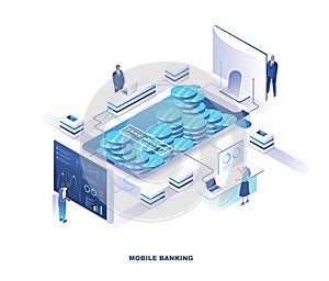 Mobile banking isometric landing page.