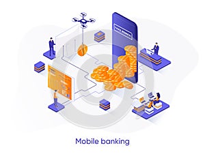 Mobile banking isometric web banner.