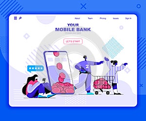 Mobile banking landing page vector template.