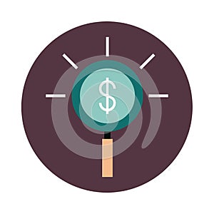 Mobile banking, magnifying glass money analysis business block style icon