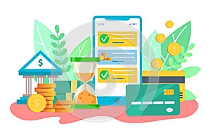 Mobile banking, money bank card vector illustration. Digital finance payment, online transaction and commerce buy
