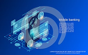 Mobile banking, money transfer, financial transaction isometric vector concept