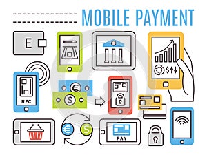 Mobile banking, online payments. Thin line flat