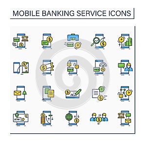 Mobile banking service color icons set