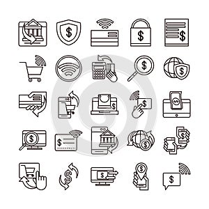 Mobile banking shopping or payment market online, ecommerce icons set line and fill line style icon