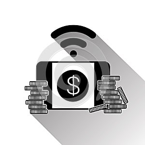 Mobile Banking Smart Phone App Icon Silhouette Stack Of Coins Over Smartphone Or Digital Tablet Web Wallet Concept