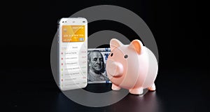 Mobile banking. Smartphone with internet online bank application. Usd money cash on black background. Save money