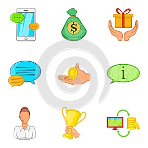 Mobile banking support icon set, cartoon style