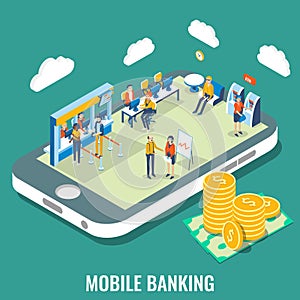 Mobile banking vector flat isometric illustration