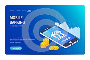 Mobile banking web site template. Currency rate chart. Bank icon on smartphone screen. Gold coins or money. Vector