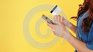mobile banking woman using credit card smartphone
