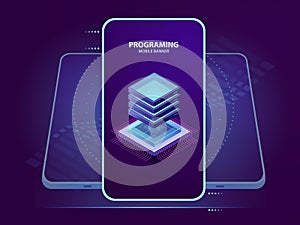 Mobile banner of development and programming of mobile application, server room isometric icon, database and cloud